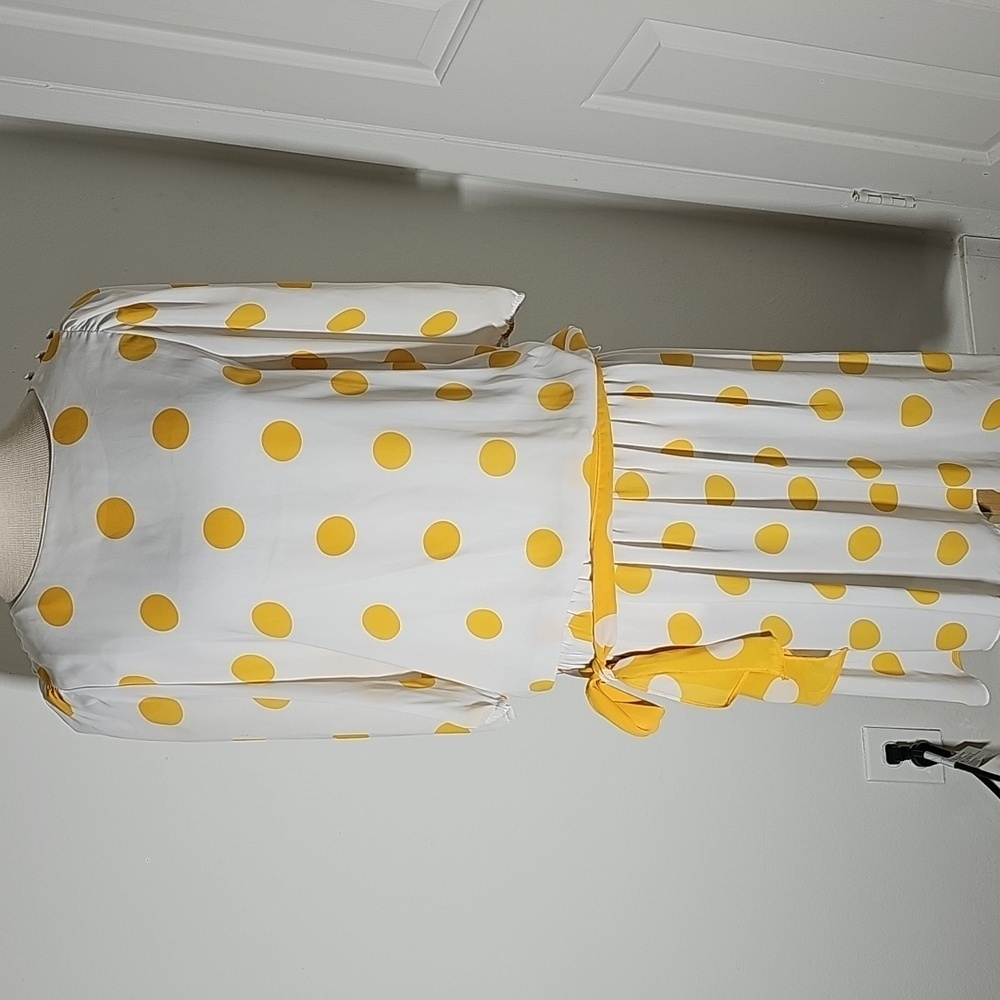 Vintage 80s Yellow Polka Dot Women's Dress. Size 11/12. Drop Waist With Tie.